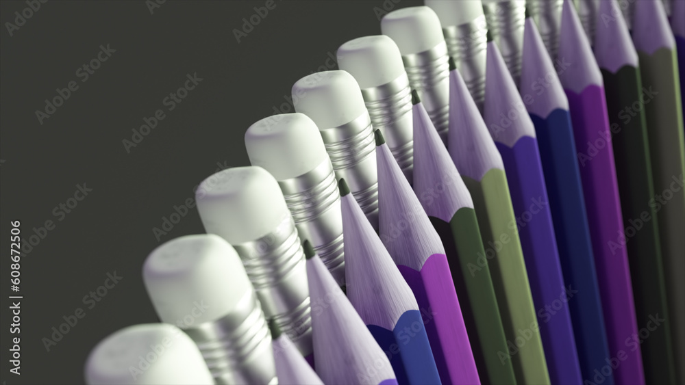 Top view of colored pencils moving in rows in different directions. Pencil lead and eraser. Colored abstract background Top view of colored pencils moving in rows in different directions. Pencil lead and eraser. Colored abstract background