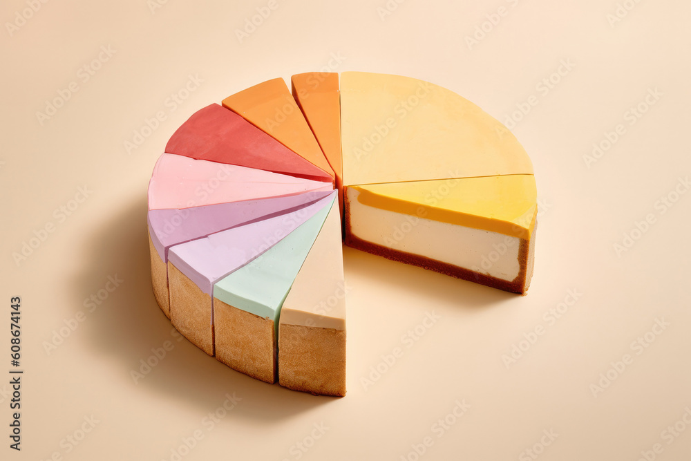 Pie chart cake on coloured background. Created with Generative AI