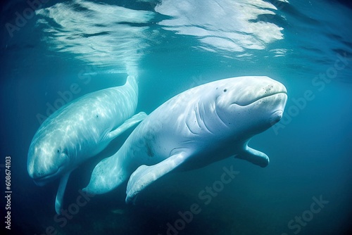 Playful Beluga Whales Swimming in Oceanic Depths - AI Generative © Digital Dreamscape