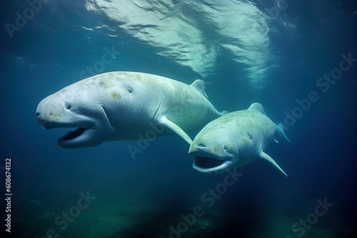 Playful Beluga Whales Swimming in Oceanic Depths - AI Generative