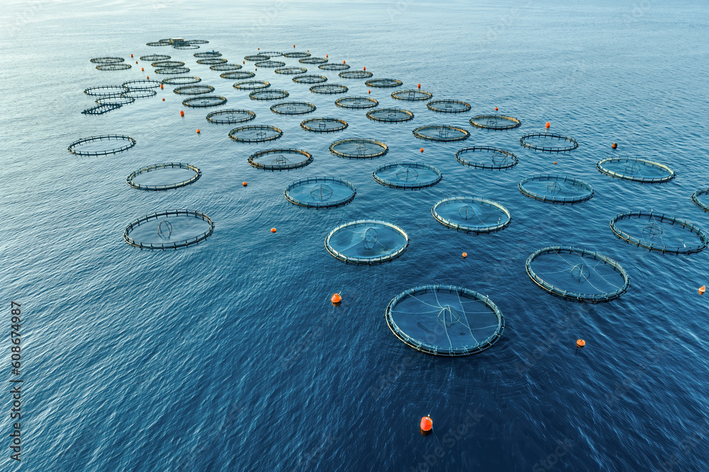 Offshore sea aquaculture cages fish farm, seafood industry. aerial view ...