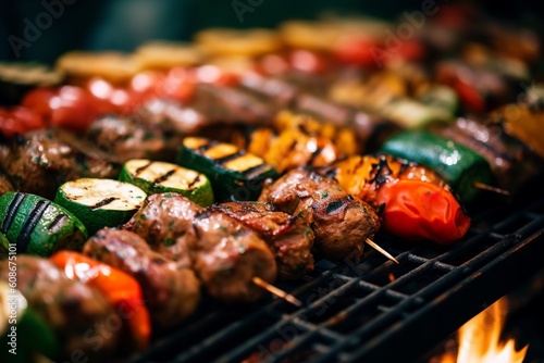 A vibrant summer BBQ party scene with the focus on sizzling meats grilling on the barbecue. The mouthwatering centerpiece delights with rich colors and textures. 