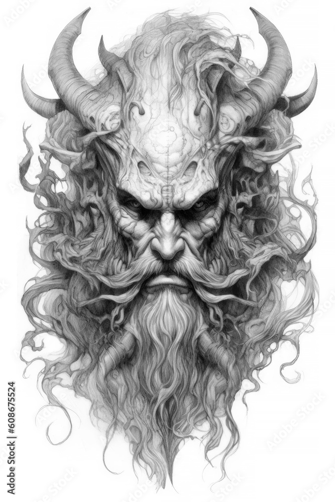 Tattoo sketch of a head of a fearsome horned mythological creature. Generative AI