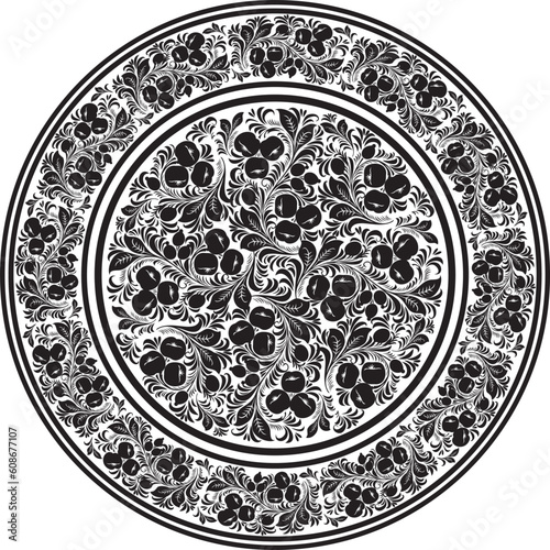 Vector monochrome round Russian folk ornament Khokhloma. National endless circle, tray, plate of Slavic peoples, Belarusians, Ukrainians..
