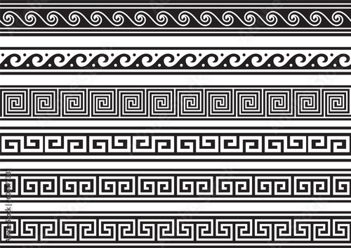 Set of vector monochrome seamless greek classic ornament. Pattern for a border and a frame. Ancient Greece and the Roman Empire. Endless black meander..