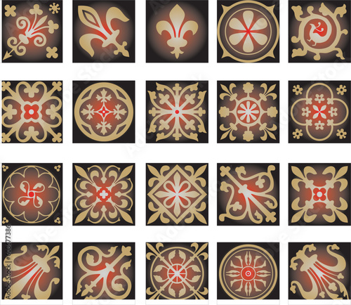 Vector gold and red set of ancient Roman ornament elements. Classic European parts of patterns. Lilies and crowns..
