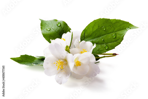 Photographie Fresh green organic  jasmine flower isolated on white background