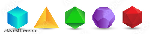 Set of colorful vector editable 3D platonic solids isolated on white background. Mathematical geometric figures such as cube, tetrahedron, octahedron, dodecahedron, icosahedron. Icon, logo, button.