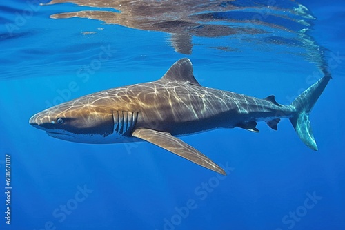 Close-Up of Majestic Shark Swimming in Blue Ocean - AI Generative