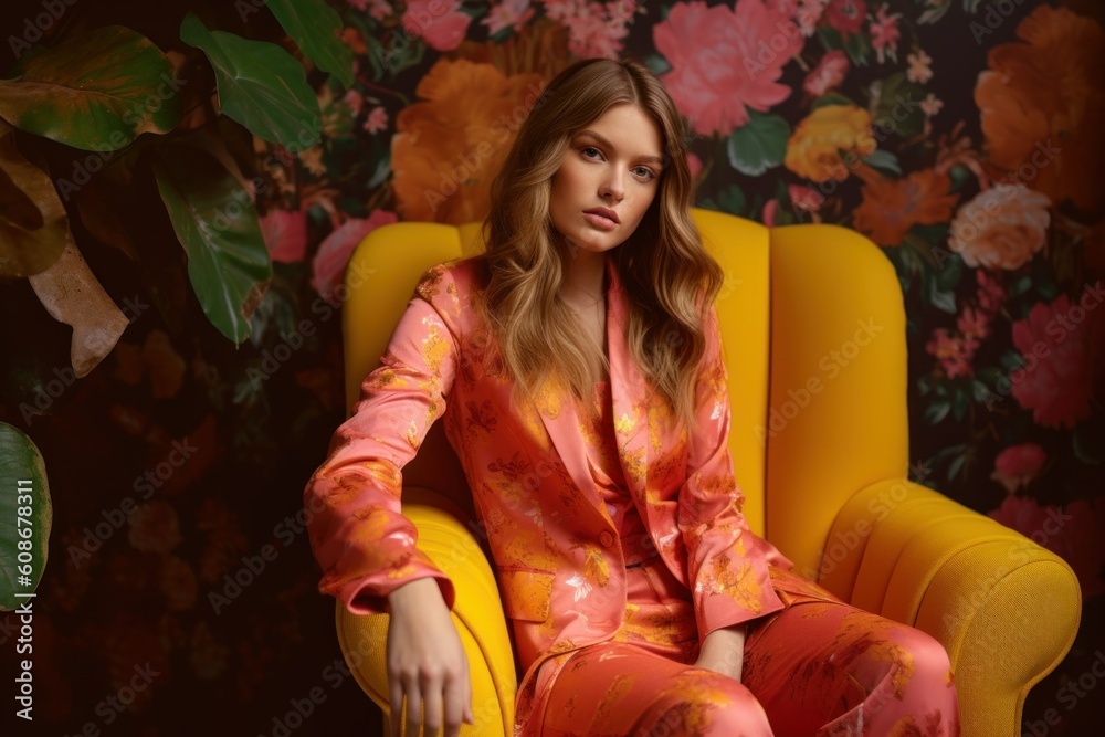 Model Lady in Elegant Colorful Suit Sitting on a Chair. Boss Woman Modeling in an Arrogant Posture. Generative AI illustration.