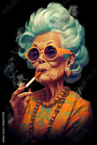 Portrait of an wrinkled old woman smoking a cigarette.AI generated.