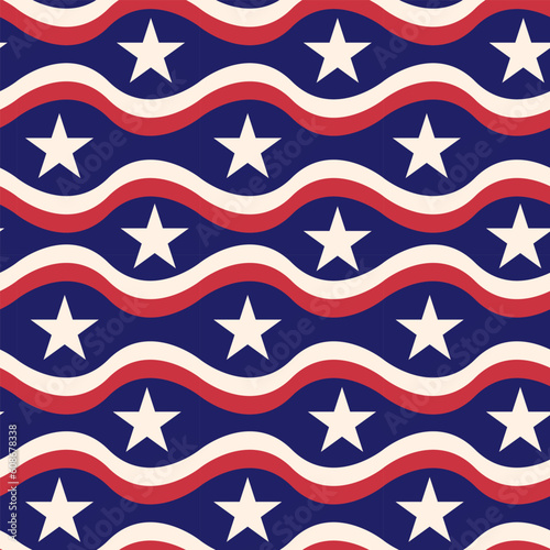 USA American flag white stars with red waves on blue background seamless pattern. for fourth of July backgrounds, American posters, fabric and textile 