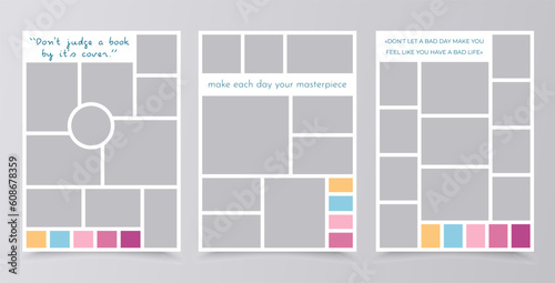 Mood board template. Collage grids. Moodboard background. Photomontage pictures layout. Set mosaic frames. Album scrapbook design with colour palette and quote. Vertical mockup. Vector illustration   