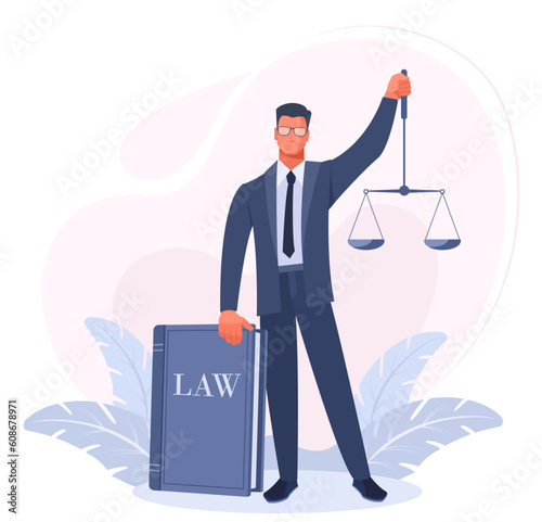 A man businessman in a suit, a lawyer, advocate or notary holds scales and a law book in his hands. The concept of law, justice, services of a lawyer, advocate, defender in court. Vector illustration.