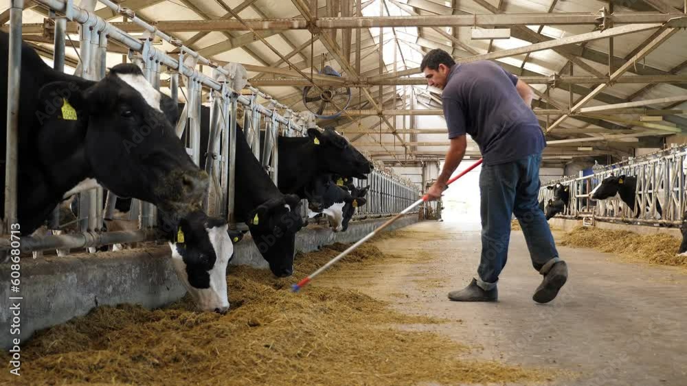 Healthy dairy cows feeding on feed stand in a row of stalls in the cowshed of a cattle farm, and an employee adds animal feed on a blurry background.