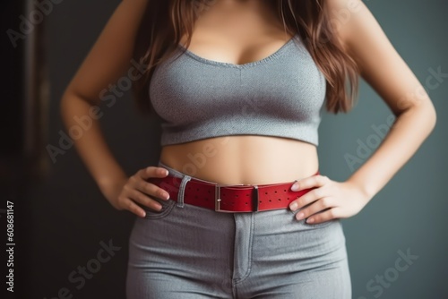 Woman showing her slim waist. Beautiful slim woman body. Generative AI