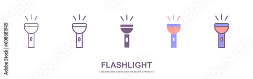 Flashlight flat icon with a bright beam. Electric lamp battery powered. Pocket flashlight. Light source. Vector illustration flat design. Isolated on white background.