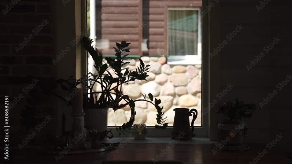 Silhouettes of indoor plants and old jug in small window of rural house opposite another house with stone foundation. Artistic static plan of serene and calm rural privacy. Silhouettes of indoor plants and old jug in small window of rural house opposite another house with stone foundation. Artistic static plan of serene and calm rural privacy.
