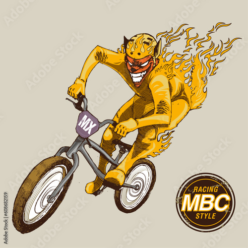 Fox on fire while riding a bmx mascot of a bike racing team. In the background circles with text. Sport illustration concept.