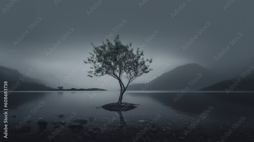 A lone great tree on a puddle in the water, a foggy, gloomy, dramatic, cinematic, magical Atmosphere. The background is covered with a mystical forest and landscape.  Created with Generative AI techno
