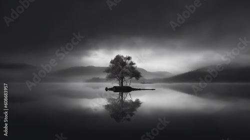 A lone great tree on a puddle in the water, a foggy, gloomy, dramatic, cinematic, magical Atmosphere. The background is covered with a mystical forest and landscape. Created with Generative AI techno