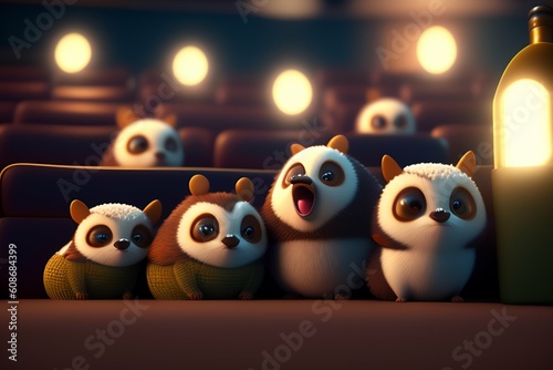 Cute raccons sitting with friends in a movie theat photo