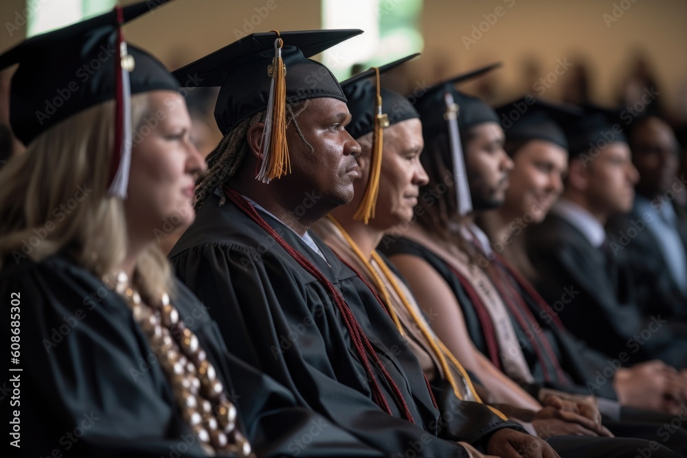 Obraz premium shot of a group of men and women sitting in the audience during graduation, created with generative ai