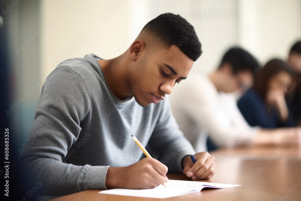 shot of a handsome young college student writing notes in class, created with generative ai shot of a handsome young college student writing notes in class, created with generative ai