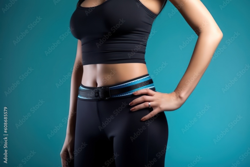 Fototapeta premium Woman showing her slim waist. Beautiful slim woman body. Generative AI