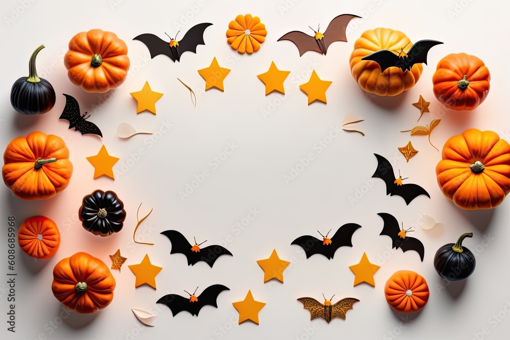 Halloween Holiday Background Decoration, White Backdrop Pumpkin and Bats Flat Lay. Generative AI