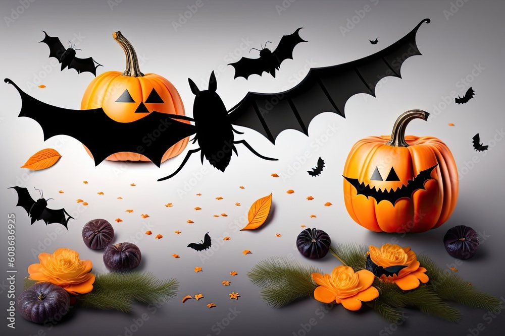 Halloween Holiday Background Decoration, White Backdrop Pumpkin and Bats Flat Lay. Generative AI Halloween Holiday Background Decoration, White Backdrop Pumpkin and Bats Flat Lay. Generative AI