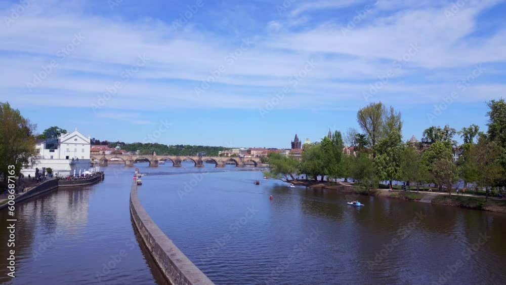 czech river danube prague charles bridge Magic aerial top view flight drone czech river danube prague charles bridge Magic aerial top view flight drone
