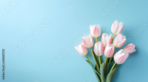 Bouquet of pink and white tulips on blue background.