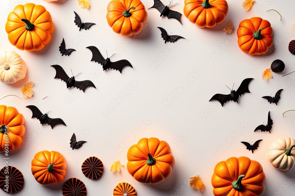 Halloween Holiday Background Decoration, White Backdrop Pumpkin and Bats Flat Lay. Generative AI Halloween Holiday Background Decoration, White Backdrop Pumpkin and Bats Flat Lay. Generative AI