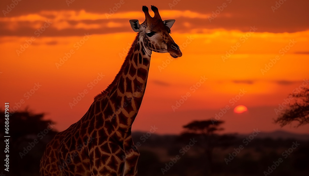 Silhouette of large herbivorous giraffe standing under acacia tree at sunset generated by AI
