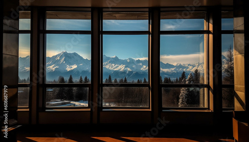 Looking through window, mountain range vanishing point, tranquil scene generated by AI
