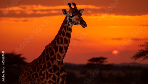 Silhouette of large herbivorous giraffe standing under acacia tree at sunset generated by AI