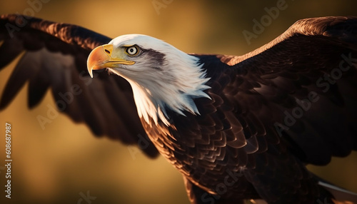 Majestic bald eagle, symbol of American culture, perched on branch generated by AI