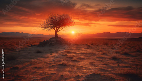 Silhouette of tree back lit by orange sunset over arid terrain generated by AI