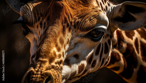 Spotted giraffe cute portrait, focus on nose and fur generated by AI