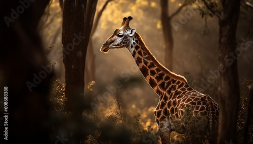 Graceful giraffe stands tall in African savannah at sunset generated by AI