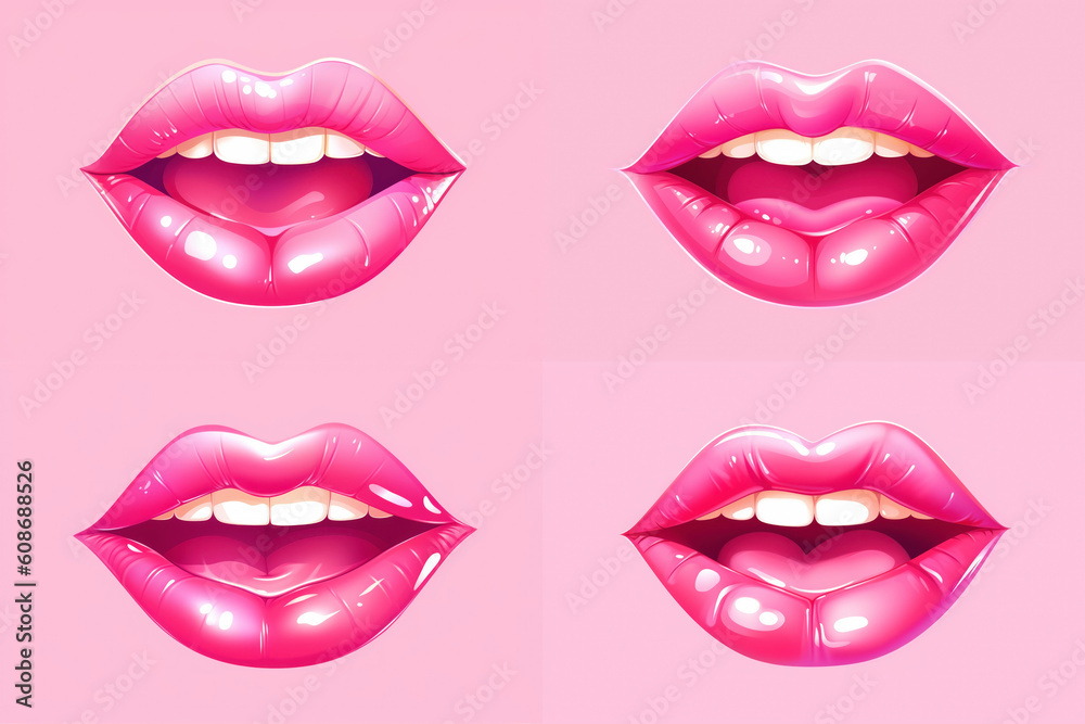 Set of female lips isolated on pink background. Generative AI Set of female lips isolated on pink background. Generative AI