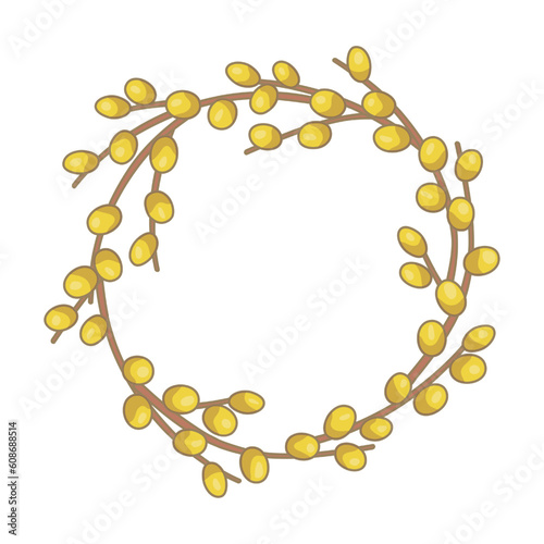 Pussy willow spring wreath illustration. Doodle frame isolated on white background