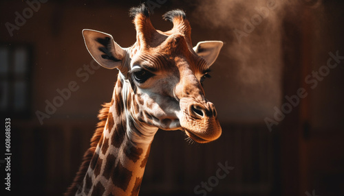 Endangered giraffe standing in the savannah, looking at camera generated by AI © djvstock