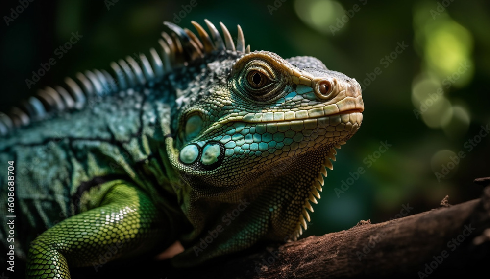Green iguana, a horned lizard, looking at camera in nature generated by AI Green iguana, a horned lizard, looking at camera in nature generated by AI