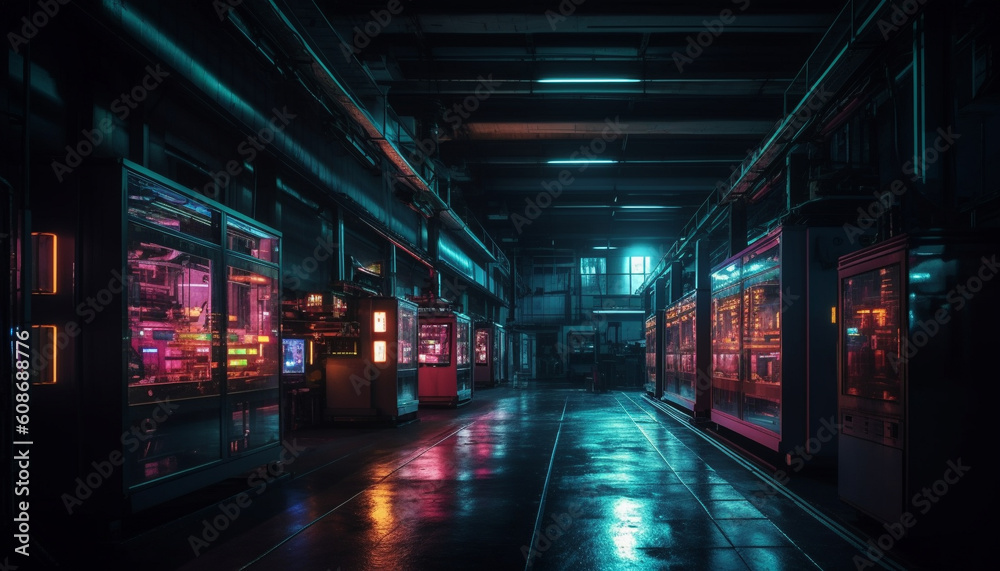 The futuristic nightclub neon lights illuminated the modern cityscape generated by AI