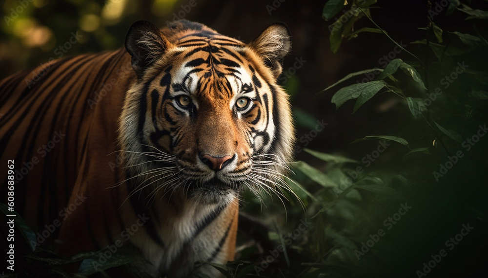 The majestic Bengal tiger stares, its striped fur a pattern generated by AI