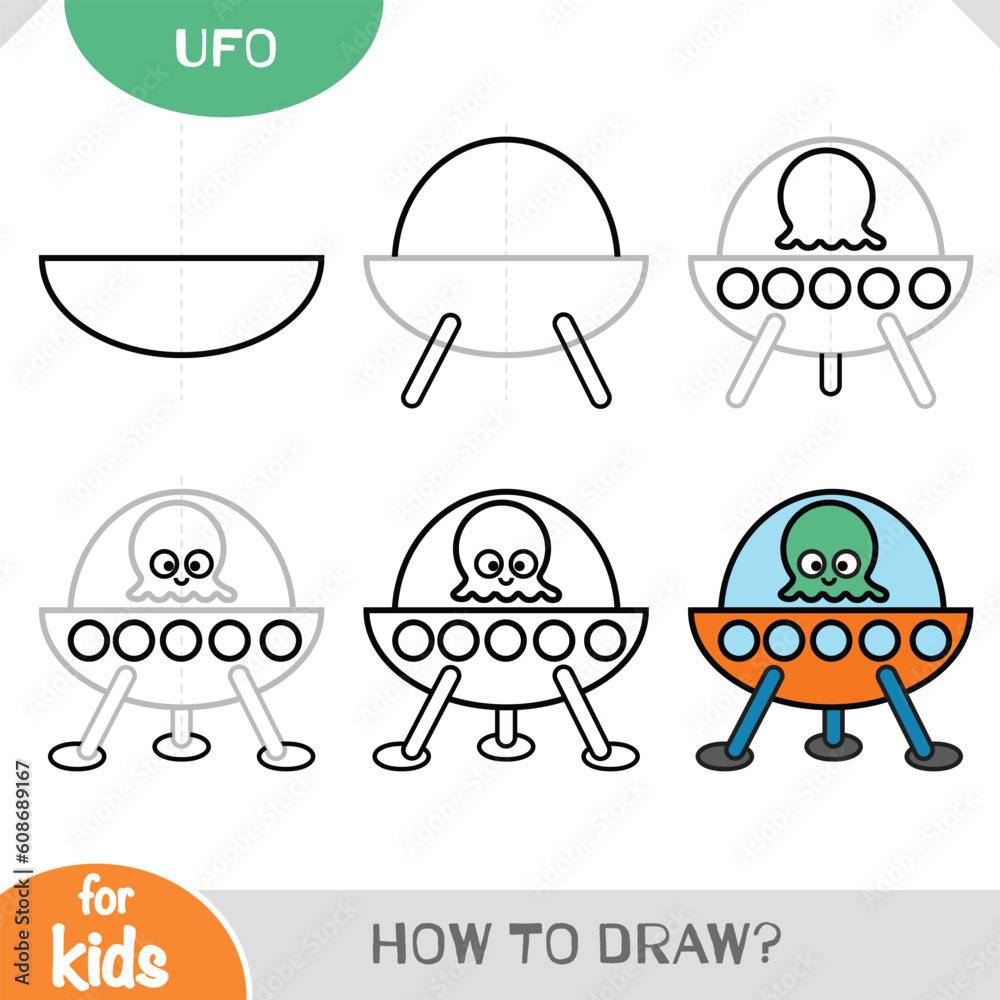 How to draw UFO. Educational step by step drawing tutorial for children