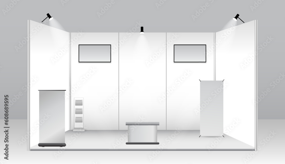 set of realistic trade exhibition stand or white blank exhibition kiosk or stand booth corporate commercial. eps vector - obrazy, fototapety, plakaty 
