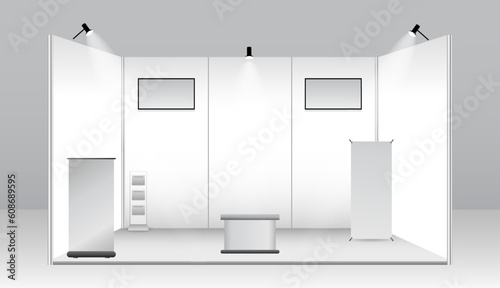 Fotografia set of realistic trade exhibition stand or white blank exhibition kiosk or stand booth corporate commercial